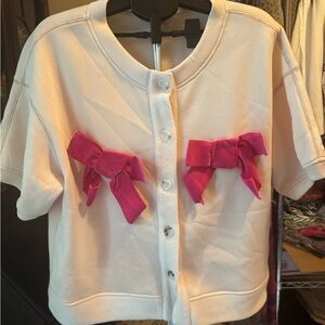 NWOT BiBi Cream Button Down Shirt/Jacket with Pink Bow Accents